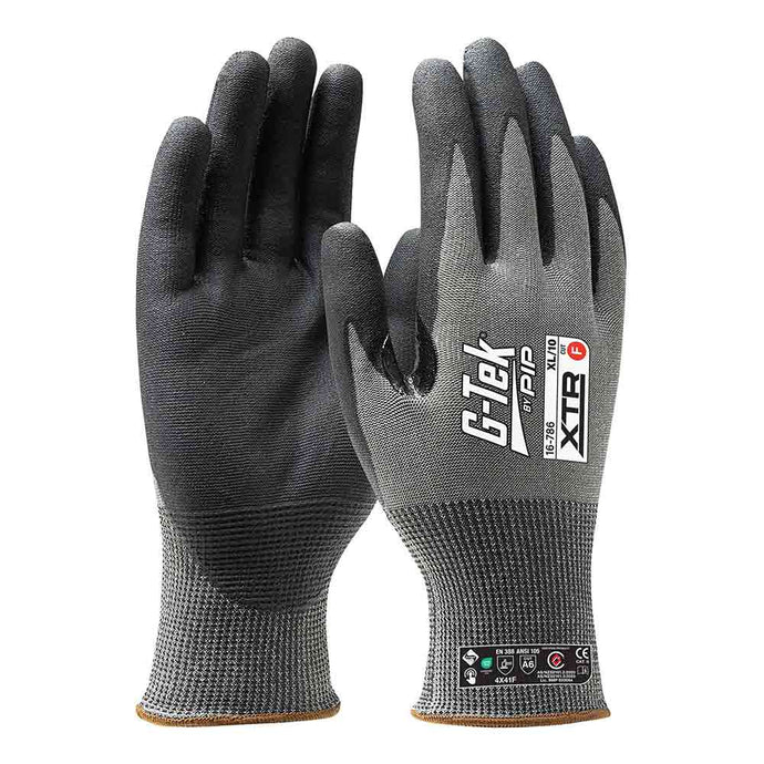 G-Tek XTR 18G Cut F Palm Dip Glove, featuring seamless knit with nitrile foam coating for superior grip and cut protection. Ideal as work gloves for various conditions, embodying Active Safety's commitment to quality PPE gear.