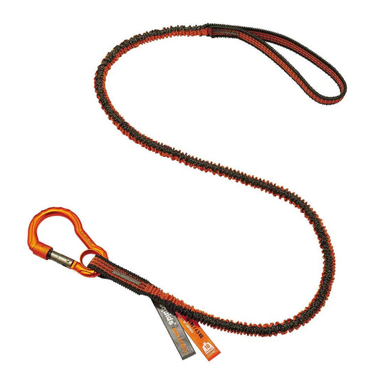 Ergodyne Squids 3100F(x) Single Carabiner Tool Lanyard 4.5kg features a shock-absorbing stretch cord with a locking carabiner and loop, designed for securing tools during at-height work to prevent drops.