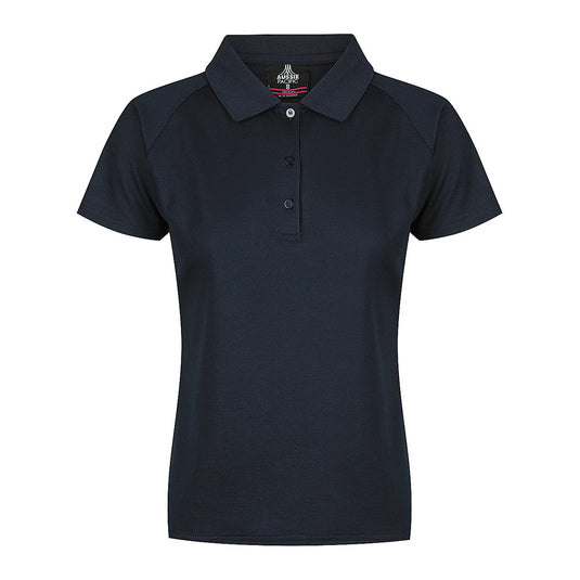 Keira Ladies Short Sleeve Polo with moisture-wicking fabric, features a raglan sleeve and a knitted collar with a 3-button placket, ideal for active, safety-conscious work environments.