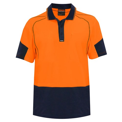 Bison Hi Vis Quick Dry Cotton Back Polo Shirt, Orange/Navy