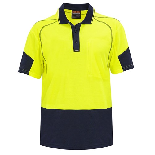 Bison Hi Vis Quick Dry Cotton Back Polo Shirt, Yellow/Navy