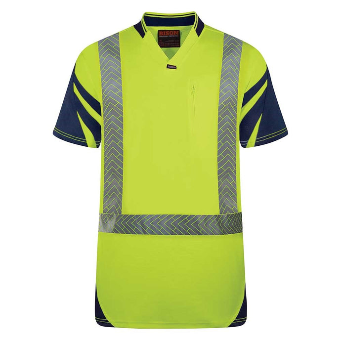 Bison Hi Vis Quick-Dry Taped Cotton Back Polo featuring a sports style collar, zipped chest pocket, and stretch reflective tape, designed for comfort with wicking panels, ideal for workplace safety and visibility.