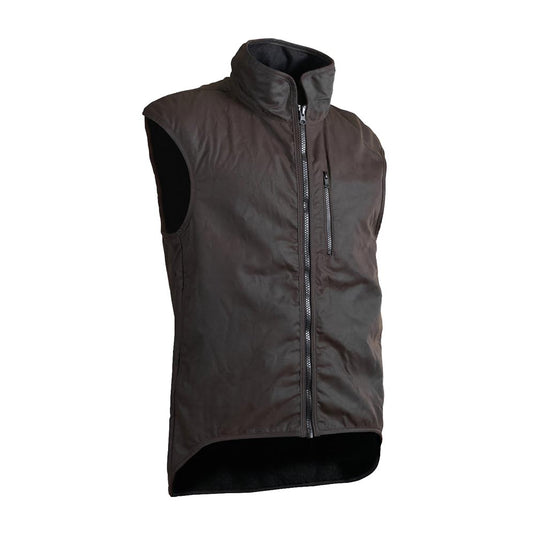 Styx Mill Oilskin Brown Wool Lined Vest, featuring a high-collar, sleeveless design with full front zip and chest pocket, crafted from durable waxed-canvas for weather protection, ideal for rugged, safety-focused environments.