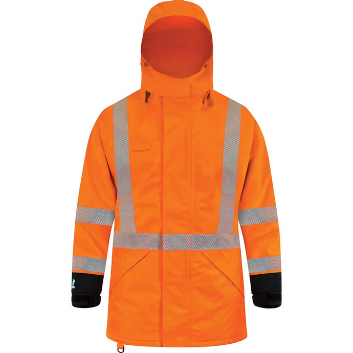 Bison Extreme TTMC-W17 X-Tape Jacket featuring a robust 300D 3-layer Stratatek fabric, seam-sealed construction, and reflective X-back tape, designed for enhanced visibility and protection in demanding safety environments.