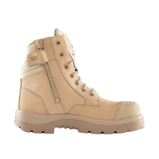Steel Blue Southern Cross Zip Composite Safety Boot, Sand, featuring a 150mm ankle height, industrial-grade zipper, composite toe cap, and TPU outsole, ideal for various trades and compliant with safety standards.