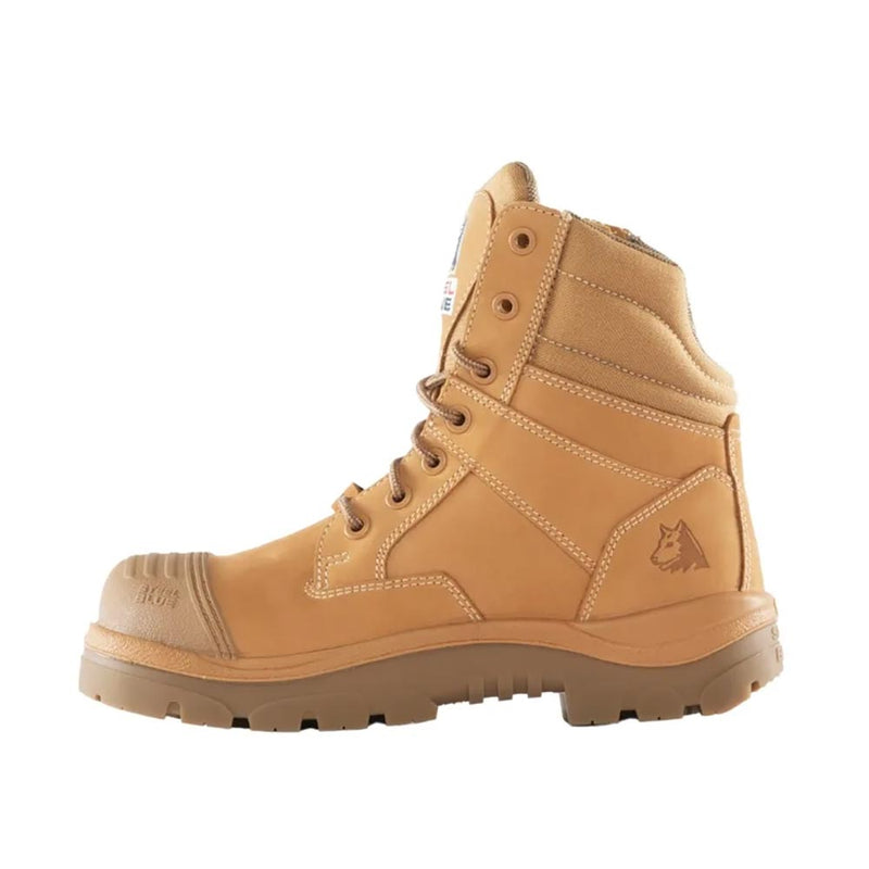 Load image into Gallery viewer, Steel Blue Southern Cross Zip Composite Cap Safety Boot, Wheat, showcasing a durable 150mm ankle design with industrial zipper, composite toe cap, scuff cap, and TPU outsole, ideal for safety and comfort in active work environments.

