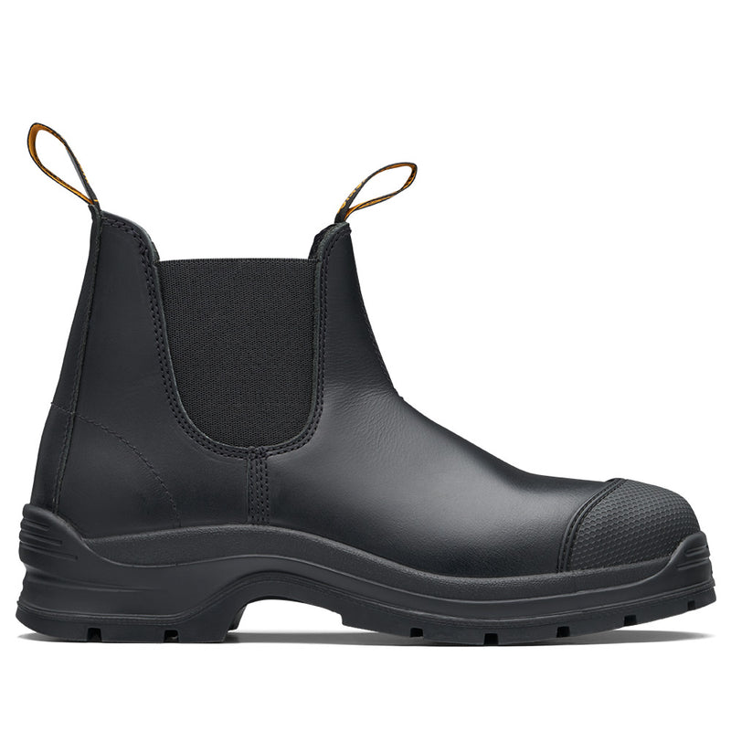 Load image into Gallery viewer, Blundstone 320 Slip On Safety Boot, Black: Rugged ankle-height Chelsea boot with elastic panels, pull-tabs, a reinforced toe, and lugged sole, designed for durability and safety with impact protection and slip-resistant features.
