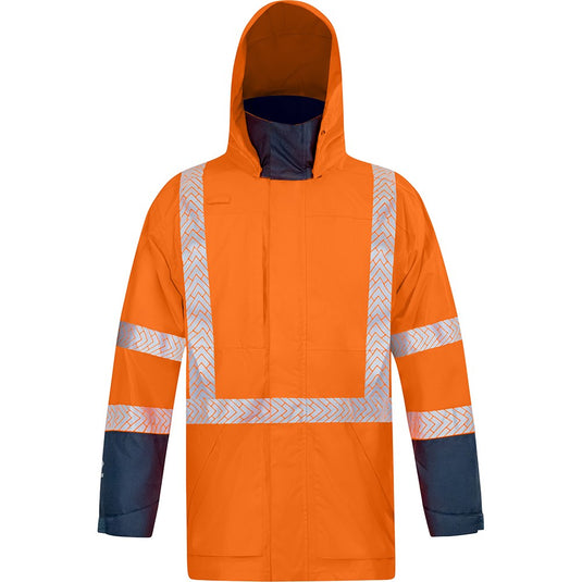 Bison Stamina Eco TTMC-W23 Jacket, Orange/Navy, features reflective stripes, seam-sealed construction, and multiple pockets. Designed for durability and flexibility, ideal for safety-conscious work environments.