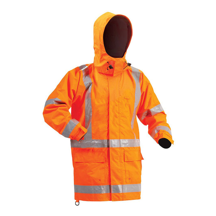 Bison Stamina Hi Vis TTMC-W17 X-Back Rain Jacket features a fluorescent orange waterproof design with reflective silver striping, a foldaway hood, large front pockets, and neoprene storm cuffs for superior safety and visibility.