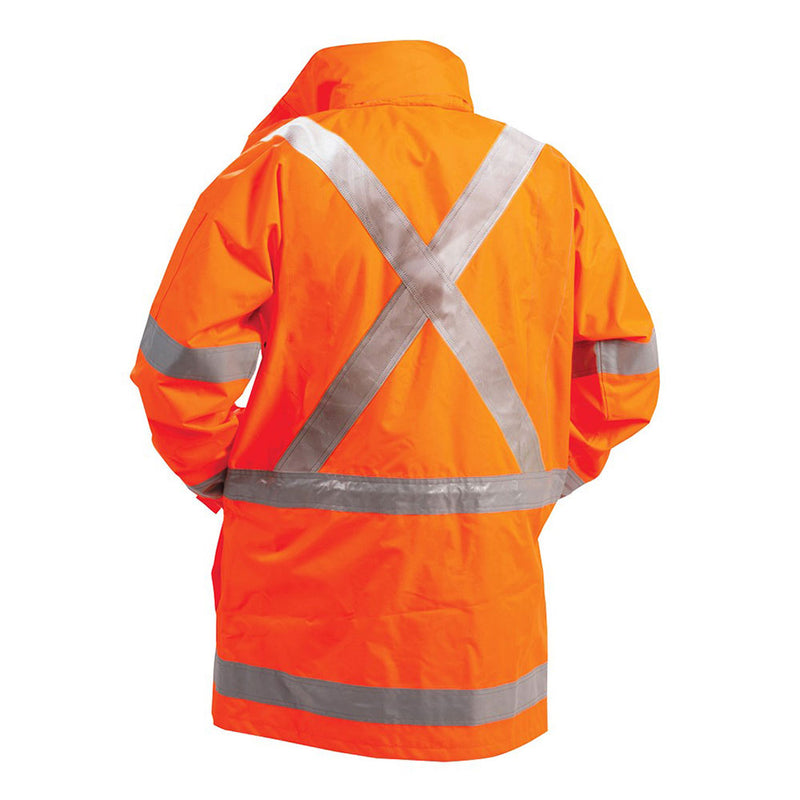 Load image into Gallery viewer, Bison Stamina Hi Vis TTMC-W17 X-Back Rain Jacket, featuring silver-gray reflective striping and X-back design on bright orange fabric, ideal for safety with waterproof, breathable, and seam-sealed construction.
