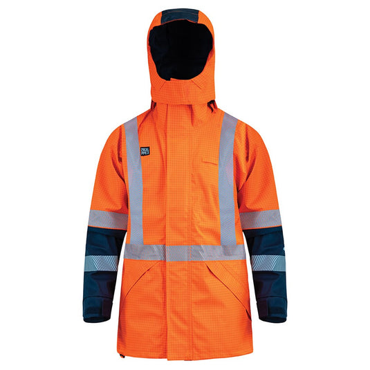 Arcguard 29Cal Inheratex TTMC-W17 Rain Jacket featuring a removable hood, storm cuffs, waterproof zippers, and retro-reflective tape, designed for high safety standards and workplace protection.