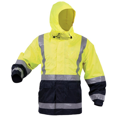 Bison Stamina 5-in-1 Rain Jacket Combo features a yellow and black design with a hideaway hood, large front pockets, and reflective tape, ideal for high-visibility safety and weather protection.