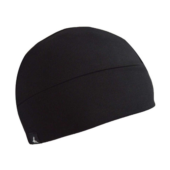 Skull Cap Beanie, Black: One Size - A seamless, close-fitting beanie designed for superior comfort under helmets. Made from stretch fabric with flat lock seams, it's lightweight, warm, and pocket-friendly.