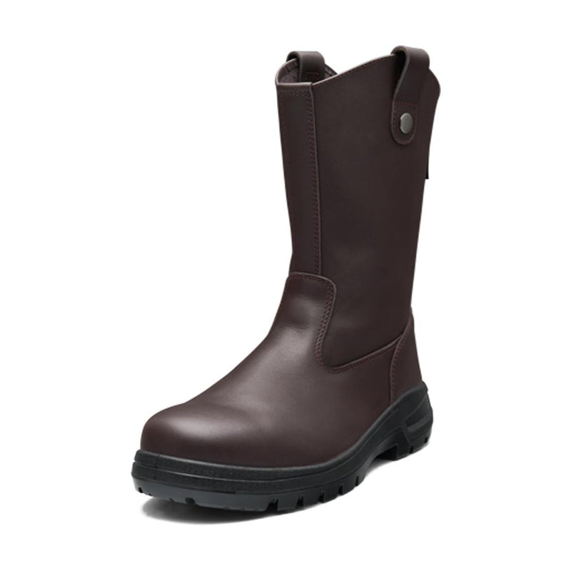 Load image into Gallery viewer, John Bull Explorer High Leg Slip-on Boot, featuring a dark brown leather upper with pull-on tabs and a chunky black rubber sole designed for durability and all-weather use, ideal for heavy industry work.
