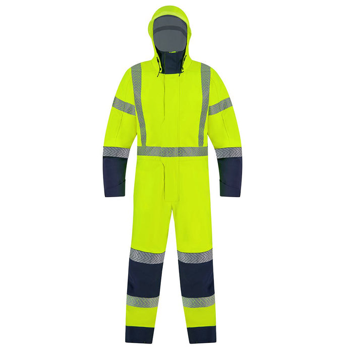 Bison Extreme Flex Rain Overall Day/Night, Yellow/Navy, showcasing a high-visibility, lightweight protective workwear with grey stripes, designed for flexibility and waterproof performance, ideal for safety-oriented environments.