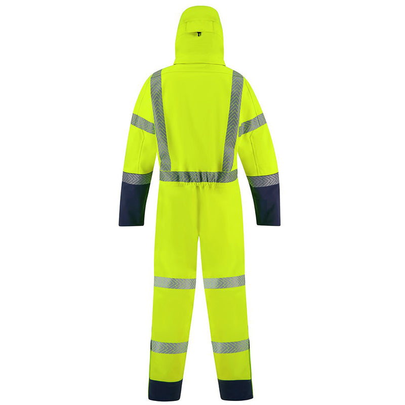 Load image into Gallery viewer, Bison Extreme Flex Rain Overall Day/Night features high-visibility design with reflective stripes, articulated panels for movement, storm cuffs, and a removable hood, ideal for active safety in wet conditions.
