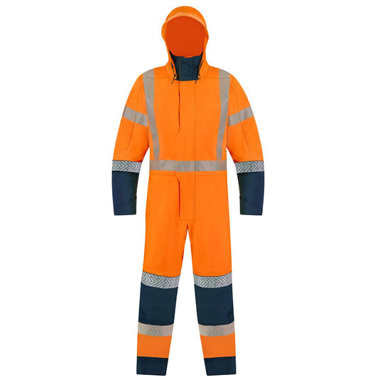 Bison Extreme Flex Rain Overall TTMC X-Back, Orange/Navy, showcases a high-visibility protective design with segmented tape. Features articulated knees and elbows, neoprene cuffs, and a detachable hood for enhanced mobility and weather resistance.