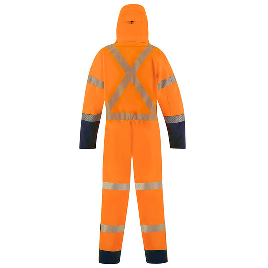 Bison Extreme Flex Rain Overall TTMC X-Back, Orange/Navy, showcasing its reflective vest design, seam-free shoulders, and Ultra-Flect™ X-back tape for enhanced movement and waterproof protection, ideal for safety in work environments.