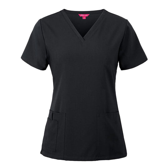 JB's Ladies Nu Scrub Top features a black V-neck, short sleeves, tailored fit, and two front patch pockets, including a utility slot, exemplifying practical workwear from Active Safety's robust uniform selection.