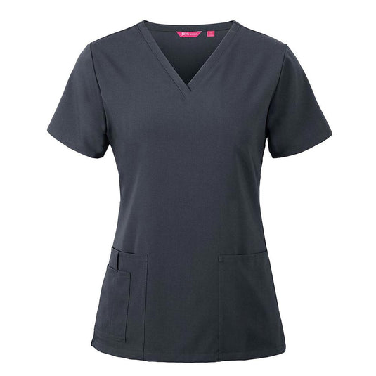 JB's Ladies Nu Scrub Top features a V-neck, short sleeves, and two front patch pockets with a side utility pocket, ideal for active workplace wear, blending durability and comfort.
