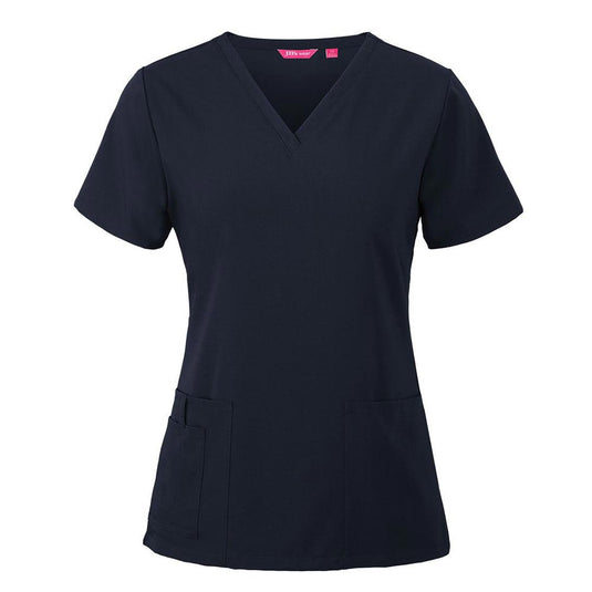 JB's Ladies Nu Scrub Top features a V-neck, short sleeves, and two front patch pockets. Designed for durability and comfort, it includes a pen insert, key loop, and side splits for ease.