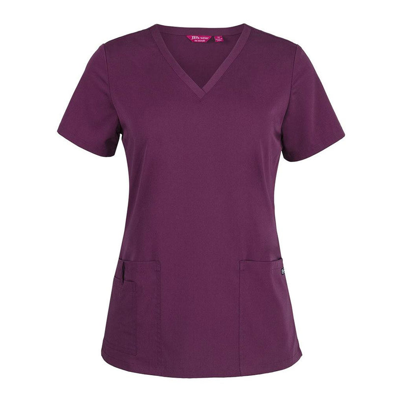 Load image into Gallery viewer, JB's Ladies Nu Scrub Top features a deep plum V-neck design with two hip patch pockets, a pen insert, and a key loop, ideal for comfortable, durable professional wear.

