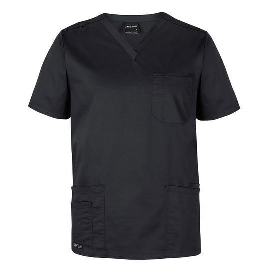 JB's Unisex Premium Scrub Top features a V-neck with short sleeves, a chest pocket, two front pockets with a pen compartment and key loop, reflecting Active Safety's commitment to practical workplace attire.