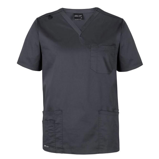 JB's Unisex Premium Scrub Top, featuring a V-neck with one chest pocket, two lower front pockets, and a utility loop, designed for medical professionals seeking style and practicality in their uniforms.