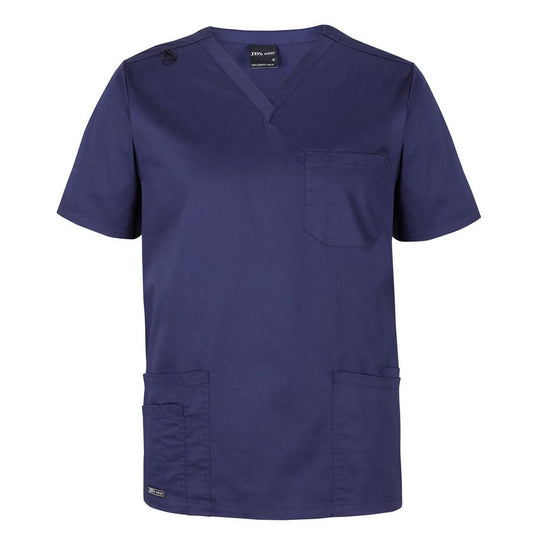 JB's Unisex Premium Scrub Top features a V-neck design with a chest pocket and two double front patch pockets, including a pen compartment and key loop, ideal for medical professionals.