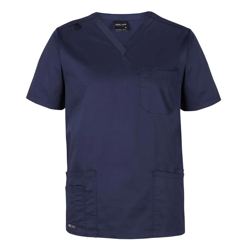 Load image into Gallery viewer, JB's Unisex Premium Scrub Top, a dark-navy V-neck medical scrub with short sleeves, features a chest pocket, two large front pockets with pen compartments, and an ID loop, ideal for healthcare professionals.
