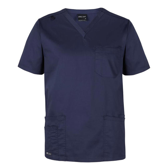 JB's Unisex Premium Scrub Top, a dark-navy V-neck medical scrub with short sleeves, features a chest pocket, two large front pockets with pen compartments, and an ID loop, ideal for healthcare professionals.