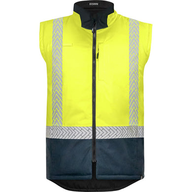 Bison Stamina Eco Taped Puffer Vest, Yellow/Navy, featuring reflective stripes, zipper closure, and durable rip-stop fabric for safety and workwear, designed for eco-conscious users prioritizing flexibility and storage.