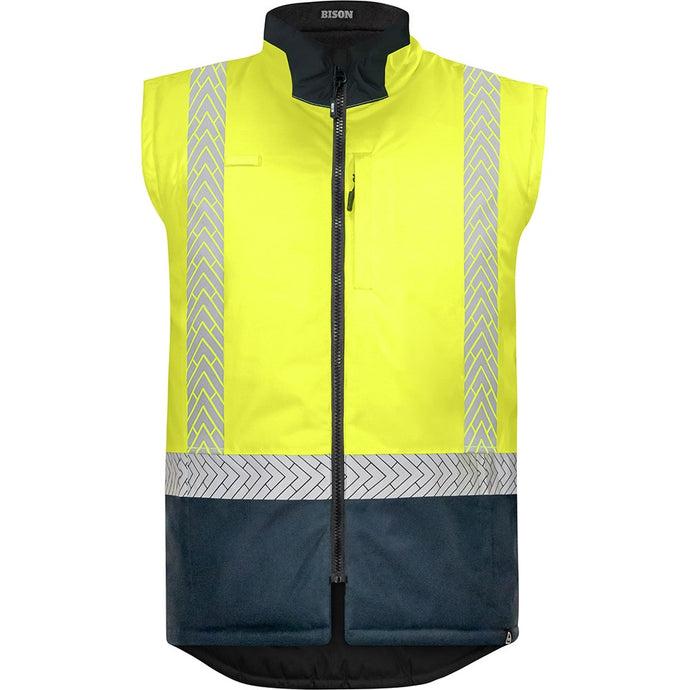 Bison Stamina Eco Taped Puffer Vest, Yellow/Navy, featuring reflective stripes, zipper closure, and durable rip-stop fabric for safety and workwear, designed for eco-conscious users prioritizing flexibility and storage.