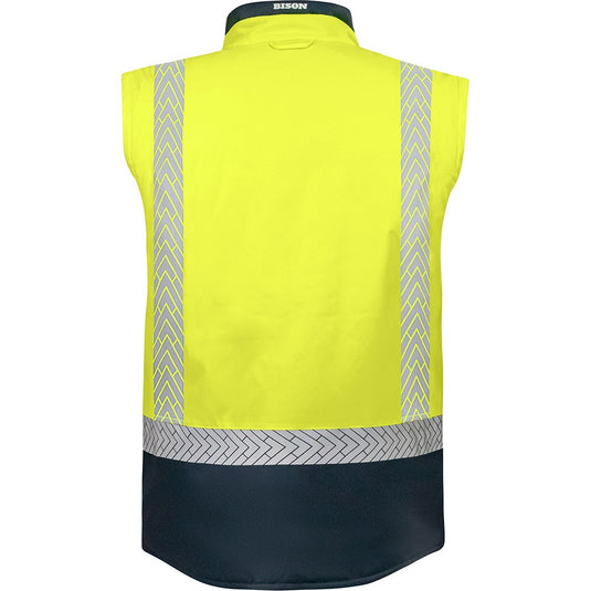 Bison Stamina Eco Taped Puffer Vest, Yellow/Navy, featuring reflective stripes and durable rip-stop fabric, designed for safety and flexibility with multiple pockets and Ultra-Flect™ segmented tape for airflow.