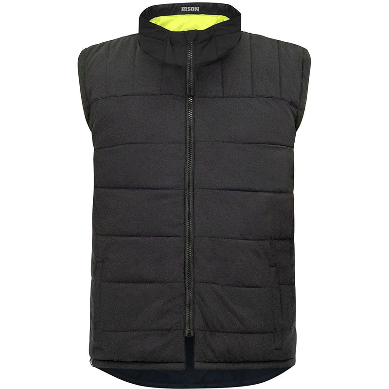 Load image into Gallery viewer, Bison Stamina Eco Taped Puffer Vest, Yellow/Navy, featuring a black exterior with yellow lining and a front zipper, designed for durability and flexibility, ideal for eco-conscious workplace safety.
