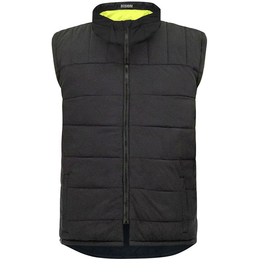 Bison Stamina Eco Taped Puffer Vest, Yellow/Navy, featuring a black exterior with yellow lining and a front zipper, designed for durability and flexibility, ideal for eco-conscious workplace safety.