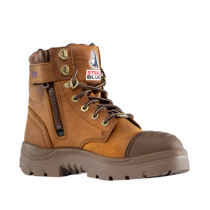 Steel Blue Argyle Ladies Zip Waterproof Safety Boot, Brown, featuring a 140mm lace-up design with padded collar, steel toe cap, and heat-resistant TPU outsole, ideal for construction and mining work.