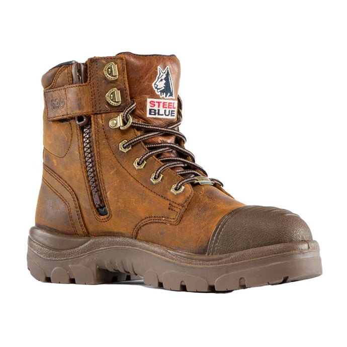 Steel Blue Argyle Zip Waterproof Safety Boot, Brown: A 150mm men's ankle boot features a steel toe cap, industrial side zip, scuff cap, and TPU outsole for slip and oil resistance.