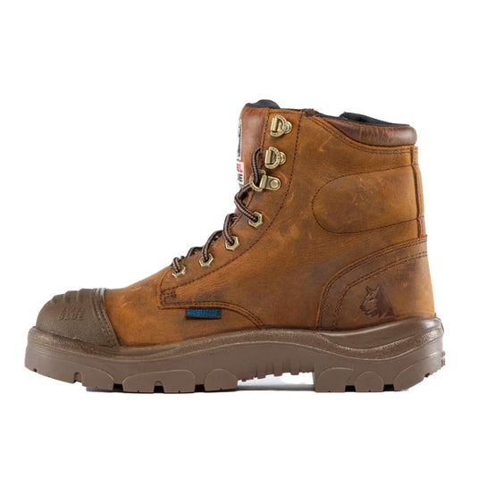 Steel Blue Argyle Zip Waterproof Safety Boot, Brown, featuring a 150mm lace-up design with industrial grade side zip, full-grain waterproof leather, steel toe cap, scuff cap, and slip-resistant TPU outsole. Ideal for workplace safety.