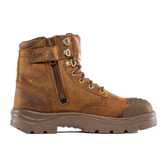 Steel Blue Argyle Zip Waterproof Safety Boot showcased with full-grain waterproof leather, steel toe cap, and scuff cap. Features a side zip and lace-up design, ideal for workplace safety and durability.