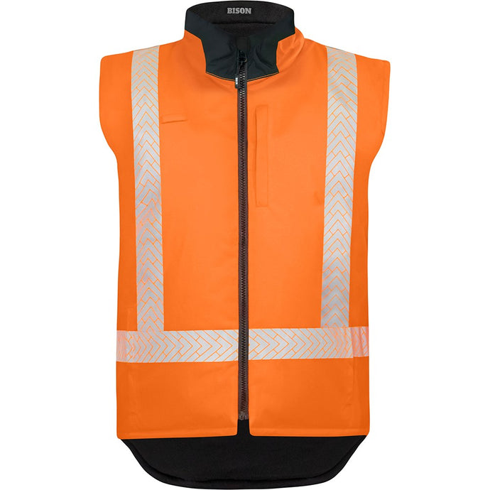 Bison Stamina Eco TTMC-W23 Puffer Vest features reflective stripes, Ultra-Flect™ segmented tape, and multiple pockets for storage, crafted from recycled polyester for durability and eco-friendliness, ideal for safety-focused work environments.