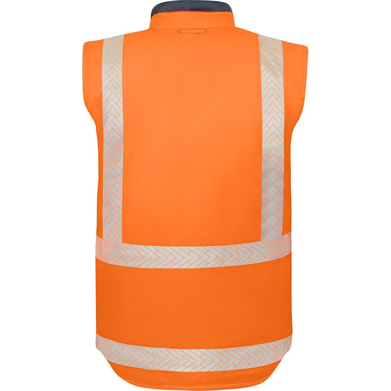 Load image into Gallery viewer, Bison Stamina Eco TTMC-W23 Puffer Vest in orange, featuring white stripes and Ultra-Flect™ tape for flexibility, seen close-up with durable ripstop fabric, ideal for eco-conscious safety workwear.
