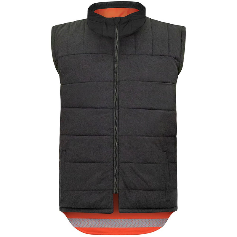 Load image into Gallery viewer, Bison Stamina Eco TTMC-W23 Puffer Vest features a sleek black design with orange lining, a durable zipper, segmented tape for flexibility, and multiple pockets, ideal for eco-conscious, safety-focused work environments.
