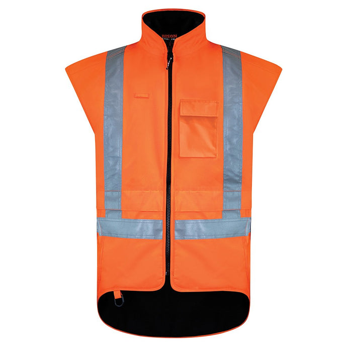 Bison Stamina TTMC-W17 X-Back Vest with reflective tape, extended back, dual entry fleece-lined pockets, and protective wide shoulders, designed for optimal safety and comfort in wet conditions.