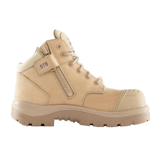 Steel Blue Parkes Ladies Zip Composite Safety Boot, Sand: Ankle-height, hiker-style safety boot with side zip, padded collar, and composite toe cap, designed for women's fit, offering durability and comfort for workplace safety.