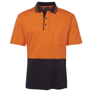 JB's Hi Vis Short Sleeve Cotton Polo, featuring a contrast striped collar, reinforced chest pocket with pen insert, and a straight hem with side splits, designed for safety and comfort.