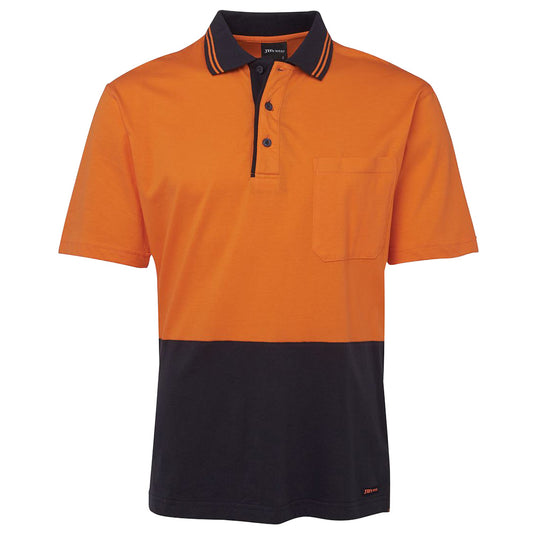 JB's Hi Vis Short Sleeve Cotton Polo, featuring a contrast striped collar, reinforced chest pocket with pen insert, and a straight hem with side splits, designed for safety and comfort.