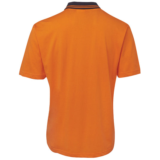 JB's Hi Vis Short Sleeve Cotton Polo features a classic fit with 100% cotton for comfort, a striped collar, reinforced chest pocket, and straight hem, designed for high visibility and certified UPF 50+ protection.