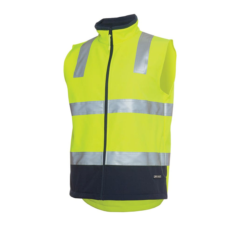 Load image into Gallery viewer, JB's Hi Vis Day/Night Soft Shell Vest features fluorescent yellow fabric with reflective silver bands, a zip-front, side zip pockets, and adjustable hem, exemplifying Active Safety's commitment to durable, compliant safety workwear.
