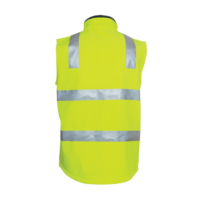 Load image into Gallery viewer, JB's Hi Vis Day/Night Soft Shell Vest features a fluorescent yellow-green back with two horizontal and two vertical reflective bands, ensuring high visibility. Ideal for safety, it includes zippered hand pockets for functionality.
